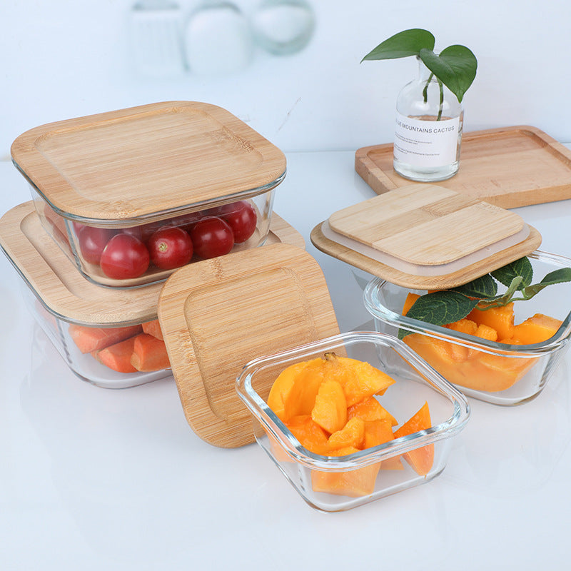 High Boron Silicon Japanese Style Bamboo Wood Lid Glass Lunch Box